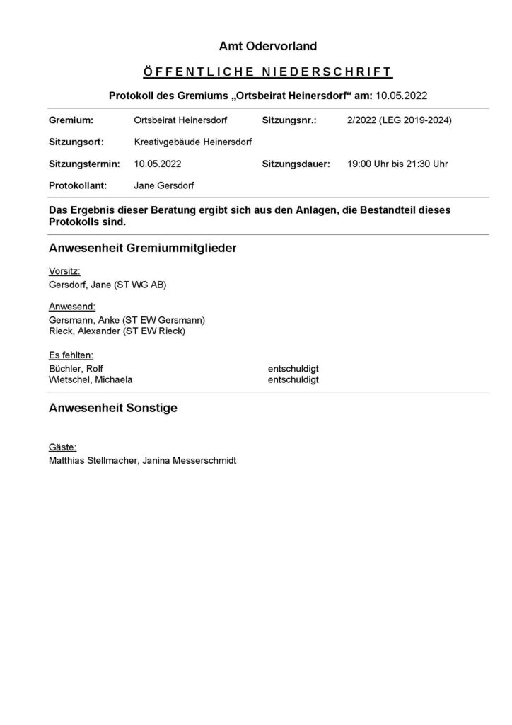 Abbild der Titelseite des Protokolls des Gremiums Ortsbeirat Heinersrdorf
